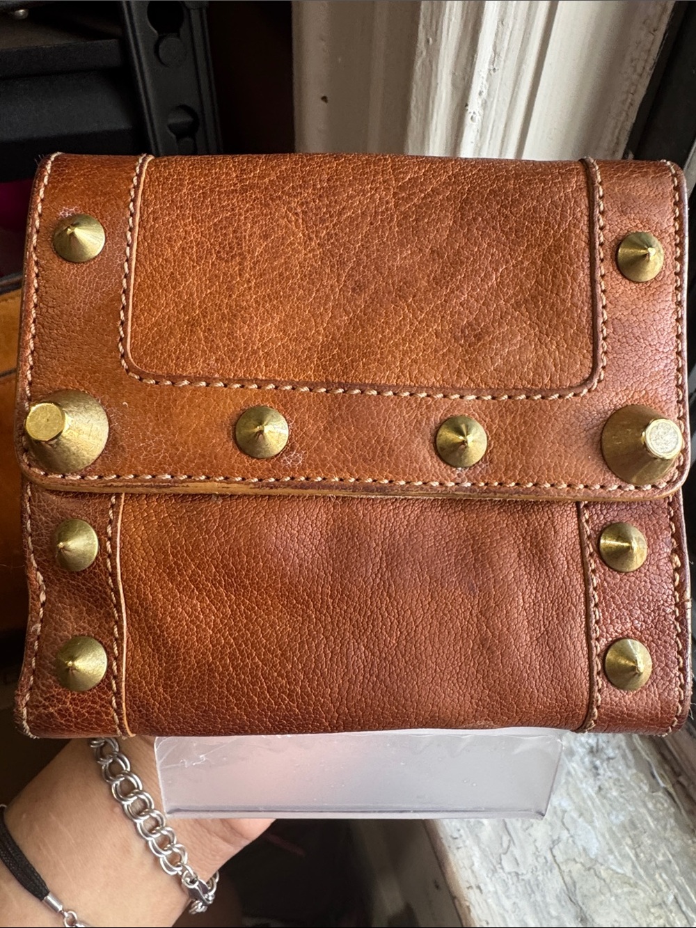 Chloe Paddington Vintage Studded Leather Bifold Wallet Cognac Brass with COA